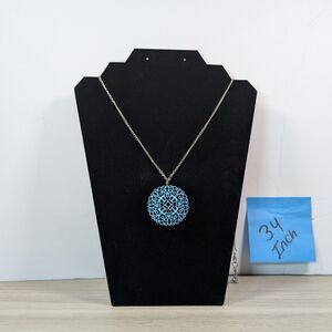 Blue Filigree Medallion Pendant Necklace Silver Tone 34 Inch Chain